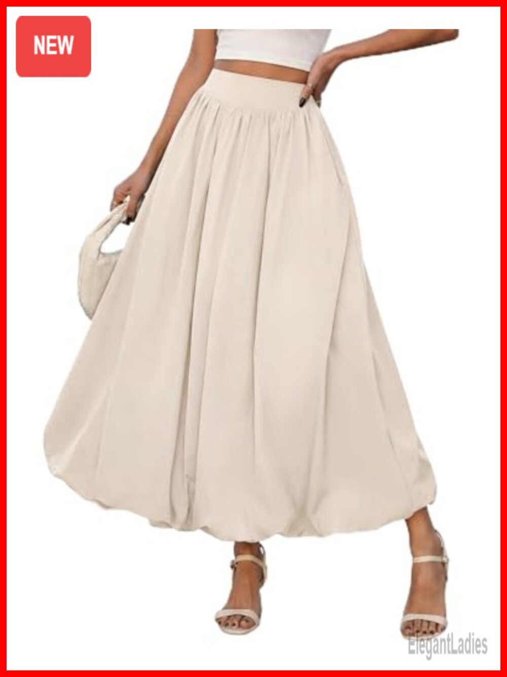 Women's Bubble Maxi Skirt Elastic Waist Pleated A-line Flowy Balloon Pockets